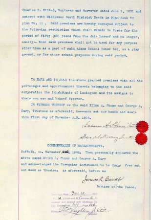 Deed, land in rear of the Adams School lot, 1905