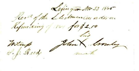 Receipt, William Lowry paid by the Selectmen, 1865