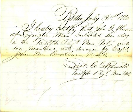 Enlistment record, John G. Sherman, 1862