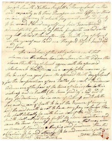 Agreement, Isaac Smith to board Prudence Adams, 1804