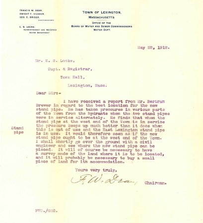 Letter, Lexington Water Department to Lexington Superintendent, 1912