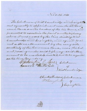 Boundary between Lexington & West Cambridge, 1861