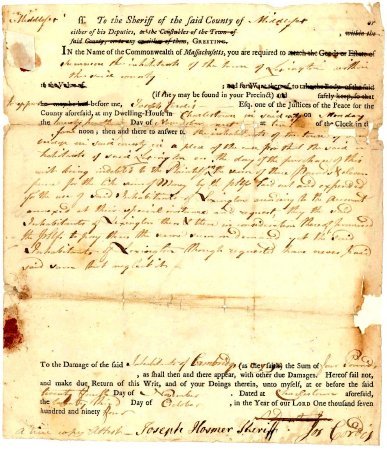 Summons Inhabitants of Lexington, 1749