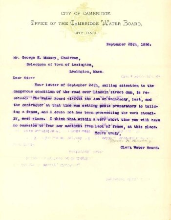Letter, Cambridge Water Board to Lexington Selectmen, 1896