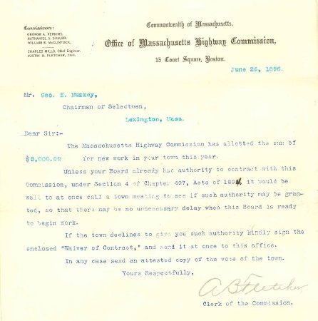 Letter, Mass. Highway Comm. to Selectmen, 1896