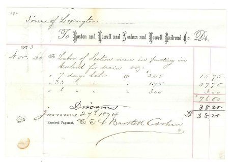 Invoice, Boston and Lowell RR to Town, 1873
