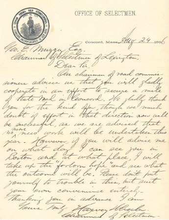 Letter, Concord Selectmen to Lexington Selectmen, 1896