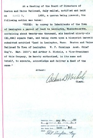 Deed, B&M to Town, land along the Lexington Branch, 1930