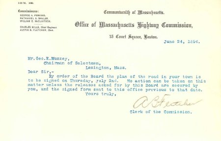 Letter, Mass. Highway Comm. to Lexington Selectmen, 1896